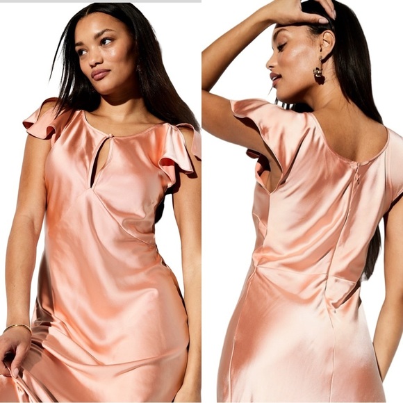 NWTS💓THE OCCASION XL💓ELITE LINE PINK BLUSH SATIN FLUTTER SLEEVE FITTED MIDI MAXI - Picture 3 of 16
